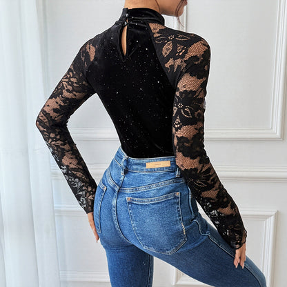 Mock Neck Bodysuit in Sparkle Velvet with Lace Sleeves