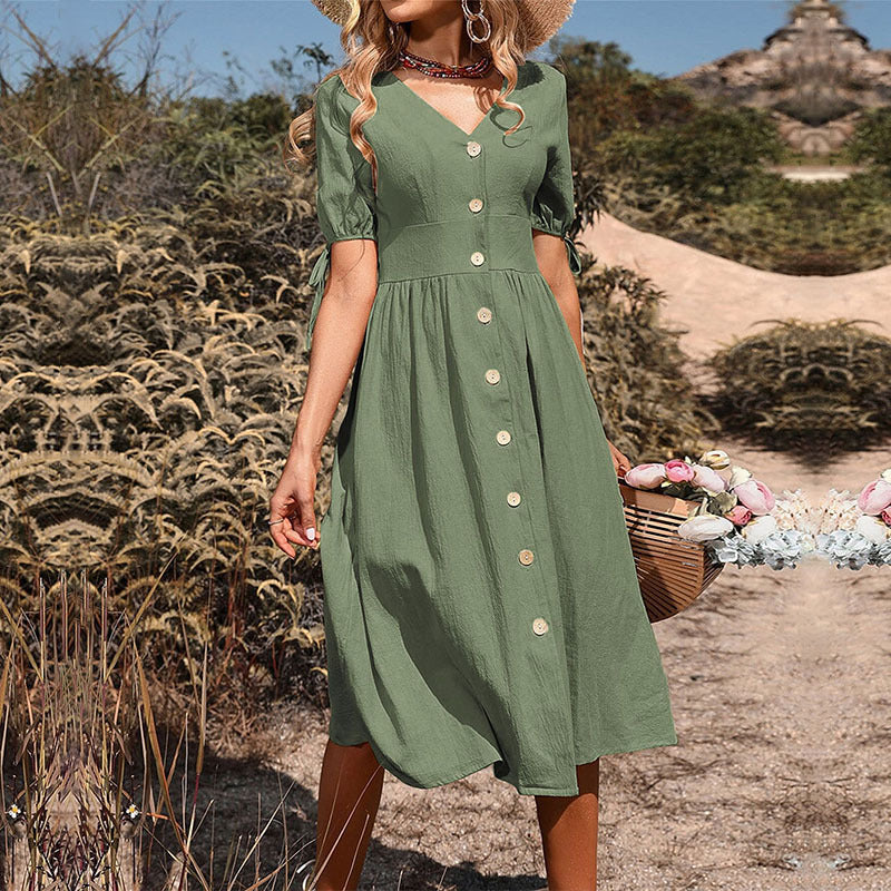 Solid Color A-Line Midi Dress with V-Neck, Button Front, and Tie Sleeves