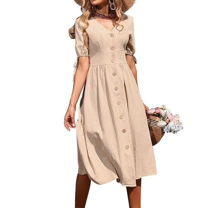 Solid Color A-Line Midi Dress with V-Neck, Button Front, and Tie Sleeves