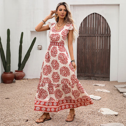 A-Line Geometric Floral Midi Dress with V-Neck and Smocked Waist