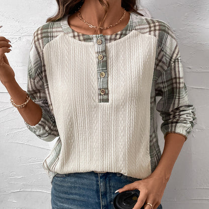 Textured Knit Top with Plaid Raglan Sleeves and Henley Placket
