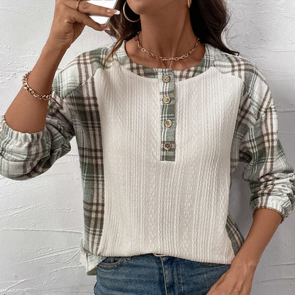 Textured Knit Top with Plaid Raglan Sleeves and Henley Placket