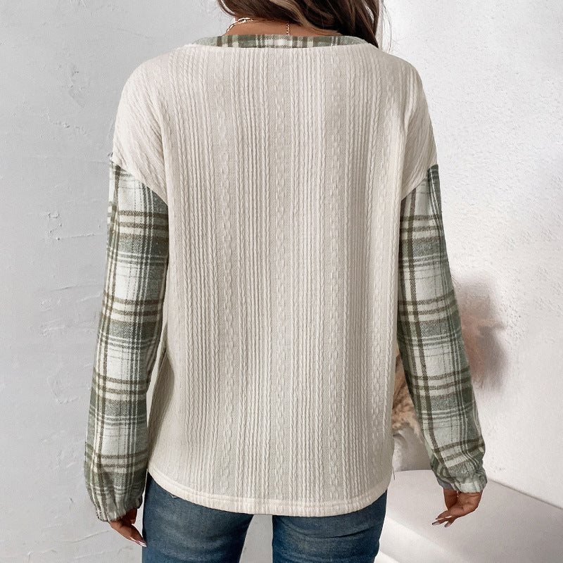 Textured Knit Top with Plaid Raglan Sleeves and Henley Placket