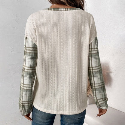 Textured Knit Top with Plaid Raglan Sleeves and Henley Placket
