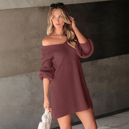 Solid Knit Dress with V-Neck and Puff Sleeves