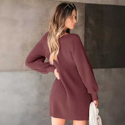 Solid Knit Dress with V-Neck and Puff Sleeves