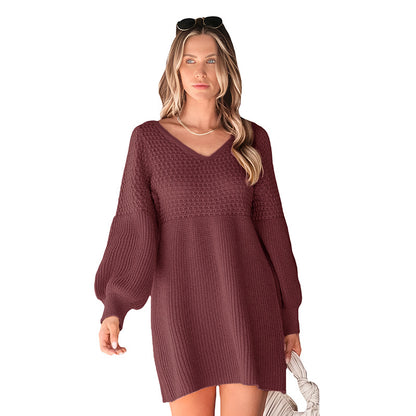 Solid Knit Dress with V-Neck and Puff Sleeves