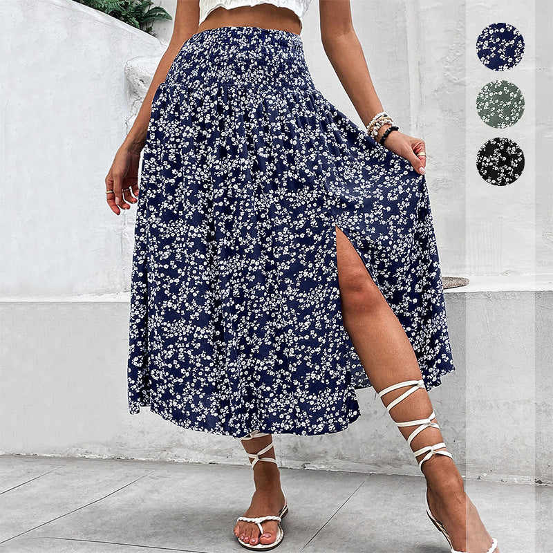 Floral Print Midi Skirt with Smocked Waist and Slit