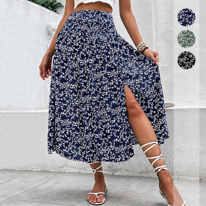 Floral Print Midi Skirt with Smocked Waist and Slit