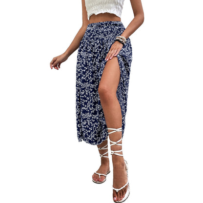 Floral Print Midi Skirt with Smocked Waist and Slit