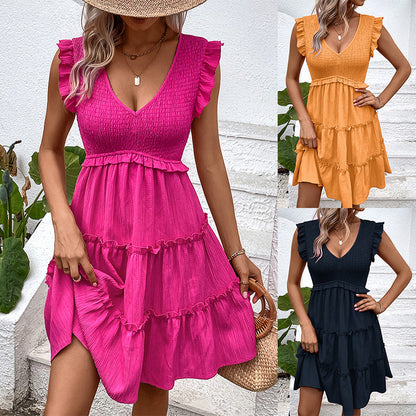 Solid V-Neck Smocked Dress with Ruffle Tiered Skirt