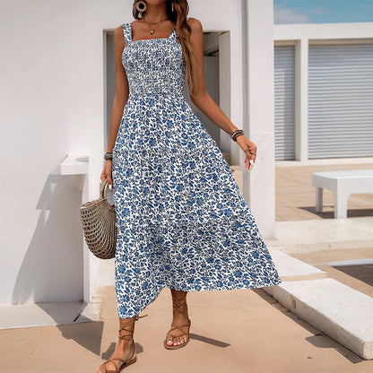 Floral Print A-Line Maxi Dress with Smocked Bodice