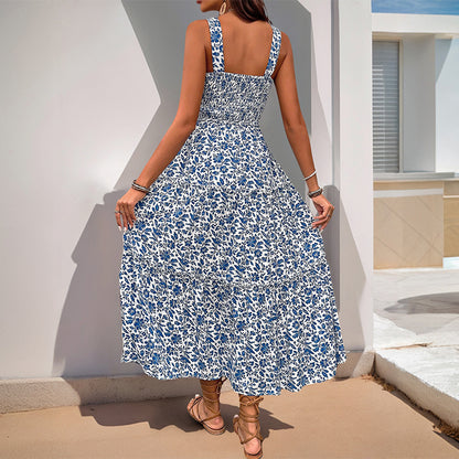 Floral Print A-Line Maxi Dress with Smocked Bodice