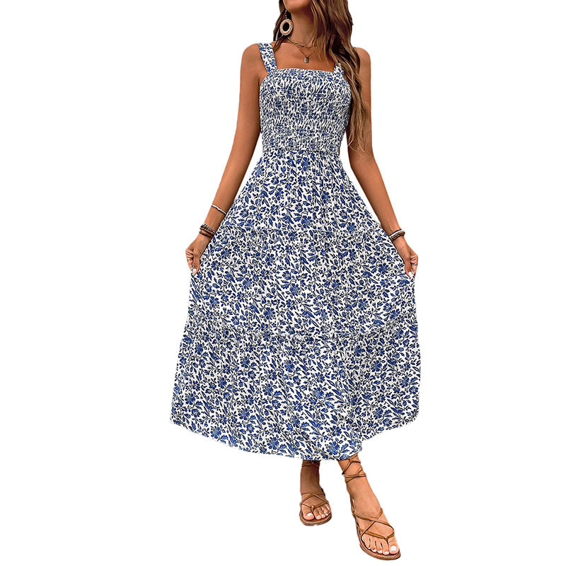 Floral Print A-Line Maxi Dress with Smocked Bodice