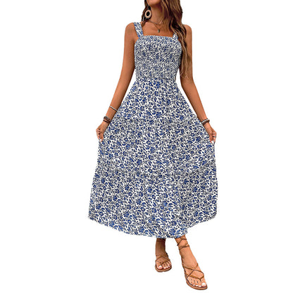Floral Print A-Line Maxi Dress with Smocked Bodice