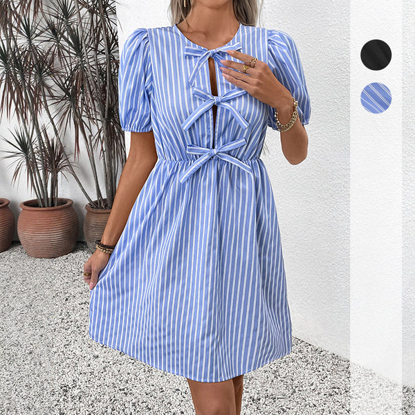Striped A-Line Dress with Puff Sleeves and Bow Front