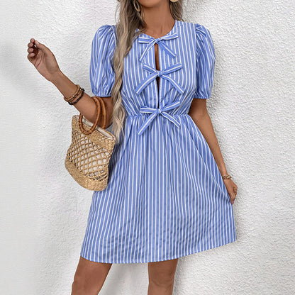 Striped A-Line Dress with Puff Sleeves and Bow Front