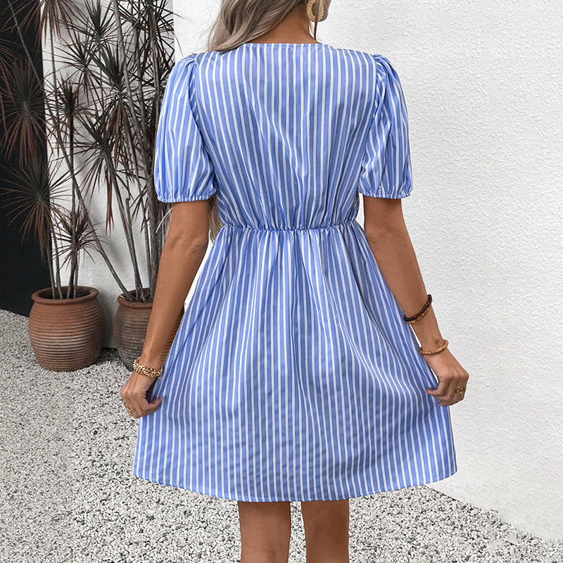 Striped A-Line Dress with Puff Sleeves and Bow Front