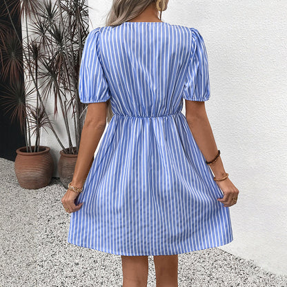 Striped A-Line Dress with Puff Sleeves and Bow Front
