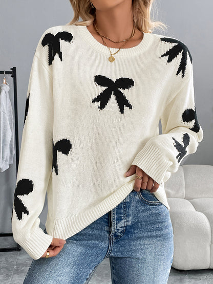 Loose Bow Jacquard Sweater with Round Neck