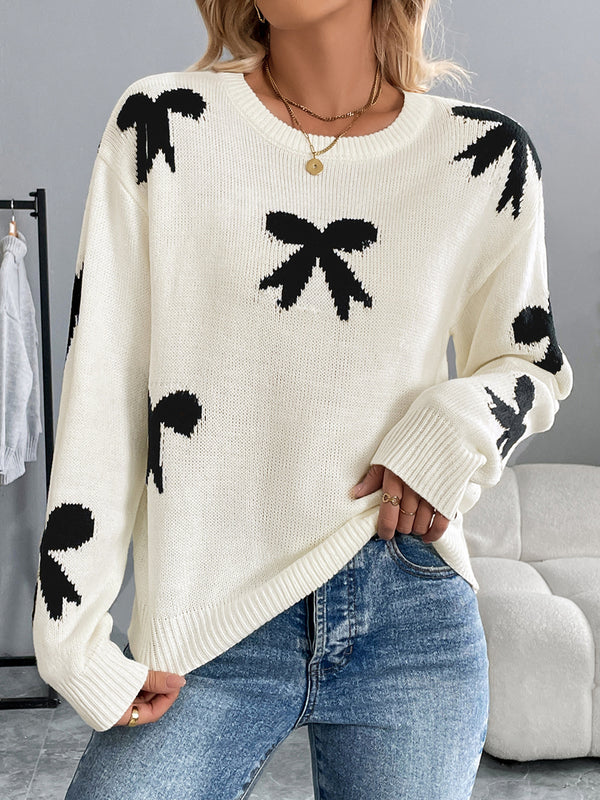 Loose Bow Jacquard Sweater with Round Neck