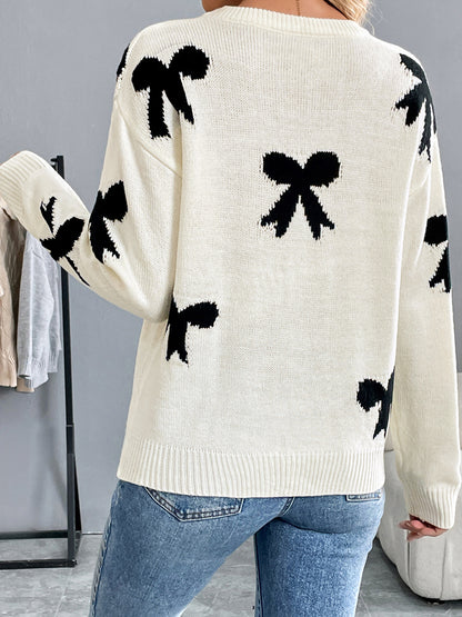 Loose Bow Jacquard Sweater with Round Neck