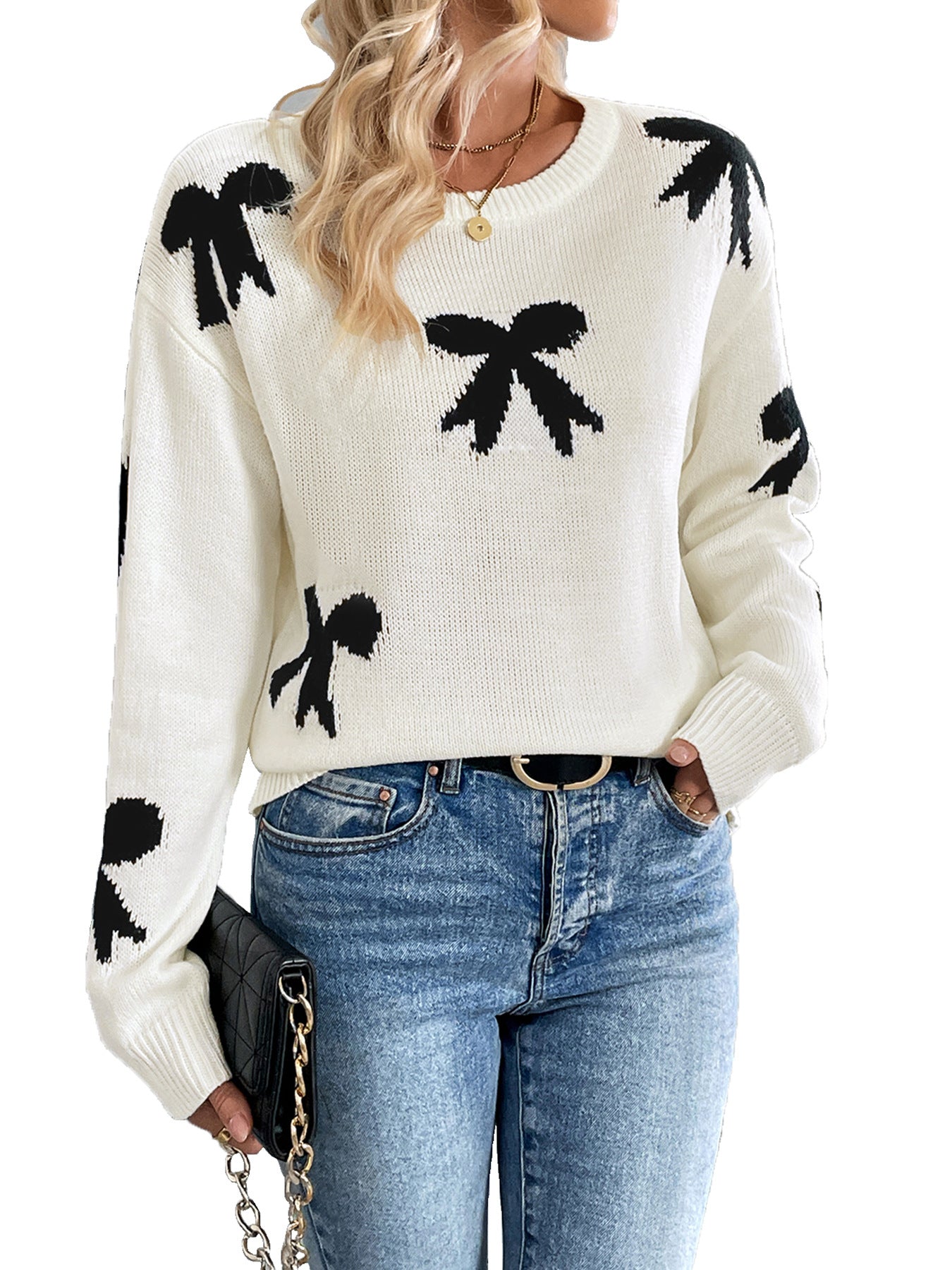 Loose Bow Jacquard Sweater with Round Neck