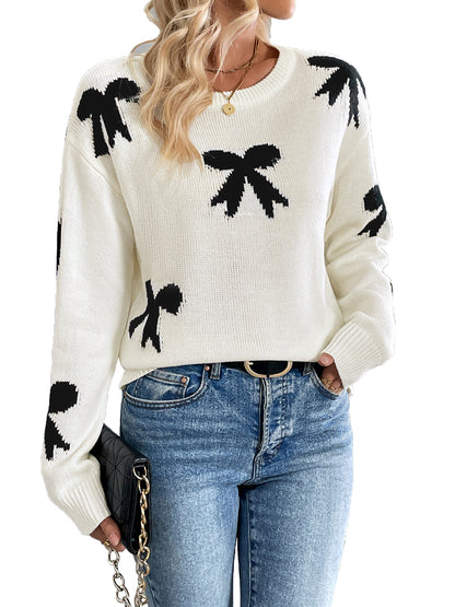 Loose Bow Jacquard Sweater with Round Neck