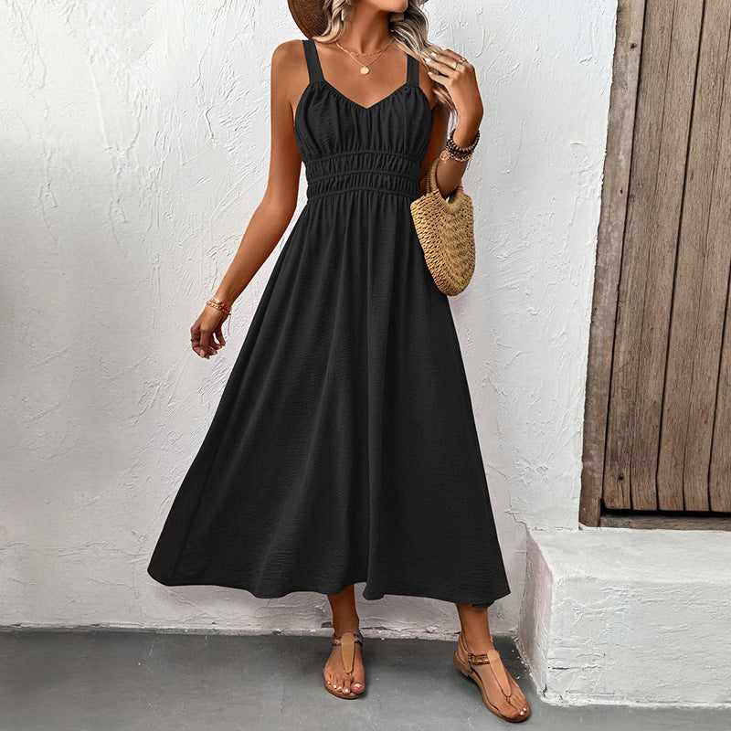 Solid A-Line Strap Dress with V-Neck and Shirred Waist