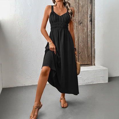 Solid A-Line Strap Dress with V-Neck and Shirred Waist