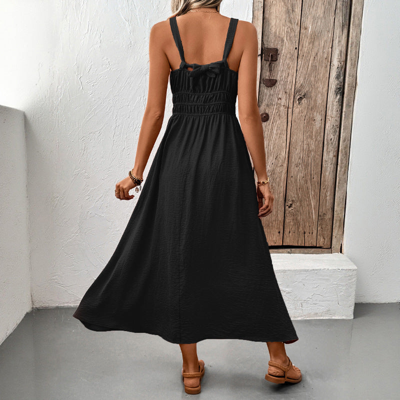 Solid A-Line Strap Dress with V-Neck and Shirred Waist