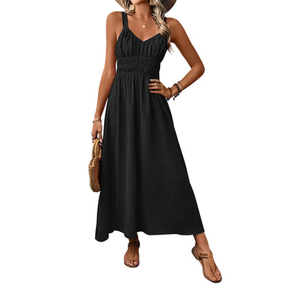 Solid A-Line Strap Dress with V-Neck and Shirred Waist