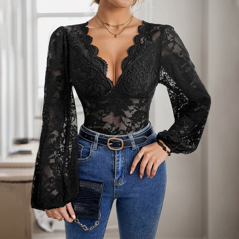 Lace Bodysuit with Scalloped V-Neck and Balloon Sleeves