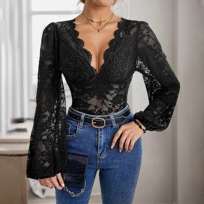 Lace Bodysuit with Scalloped V-Neck and Balloon Sleeves