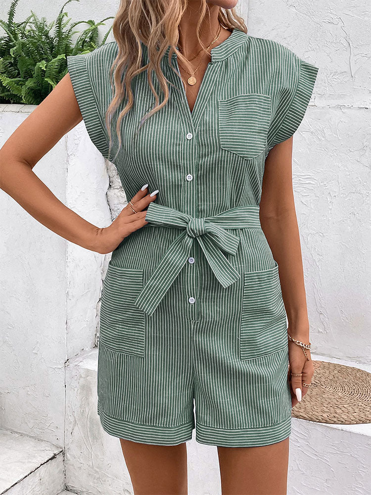Striped Romper with Self-Tie Belt and Cap Sleeves