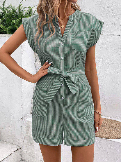 Striped Romper with Self-Tie Belt and Cap Sleeves