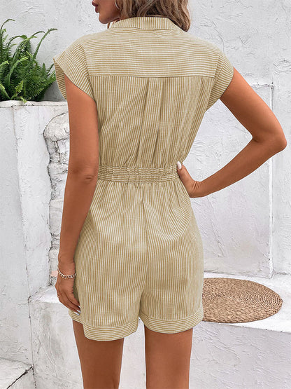 Striped Romper with Self-Tie Belt and Cap Sleeves