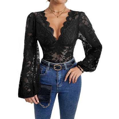 Lace Bodysuit with Scalloped V-Neck and Balloon Sleeves