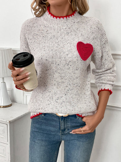 Heart Appliqué Ribbed Knit Pullover with Mock Neck
