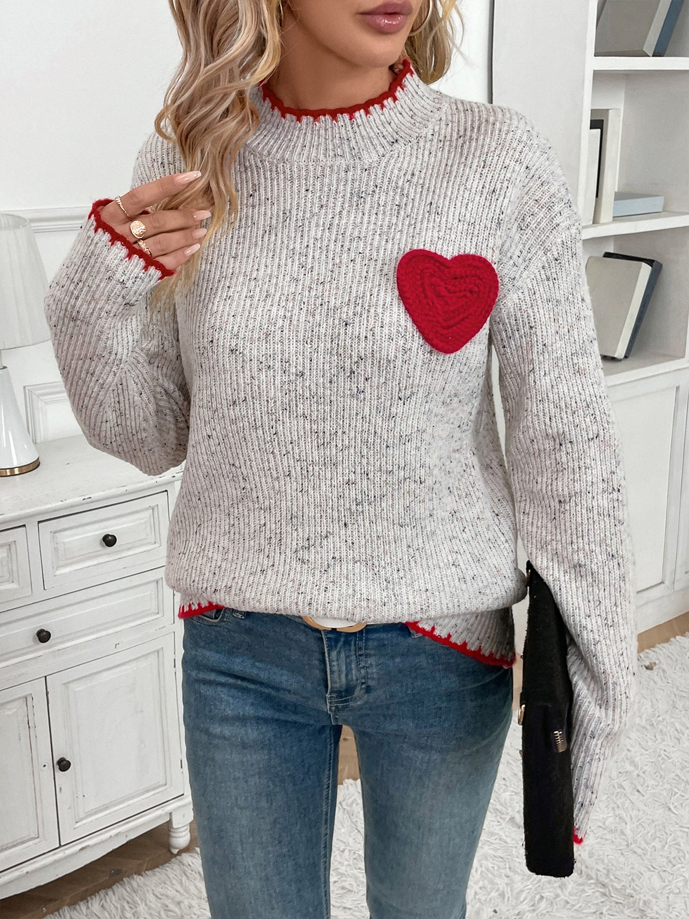 Heart Appliqué Ribbed Knit Pullover with Mock Neck