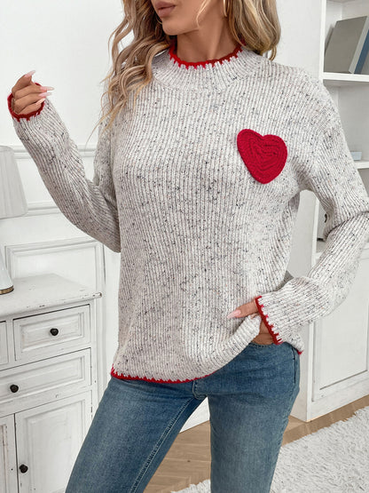Heart Appliqué Ribbed Knit Pullover with Mock Neck