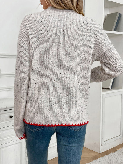 Heart Appliqué Ribbed Knit Pullover with Mock Neck