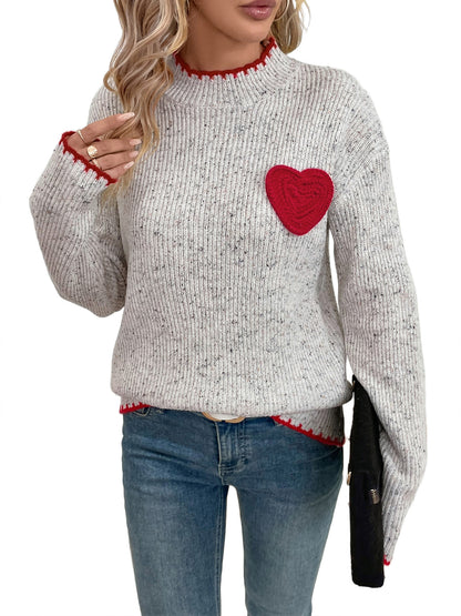 Heart Appliqué Ribbed Knit Pullover with Mock Neck