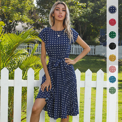 Polka Dot Pleated Midi Dress with Self-Tie Belt