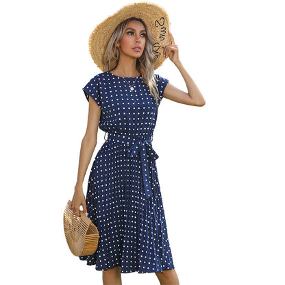 Polka Dot Pleated Midi Dress with Self-Tie Belt