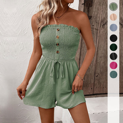 Smocked Romper with Strapless Neckline and High Waist