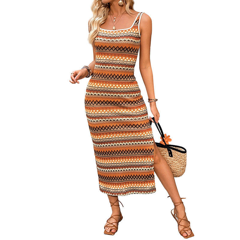 Geometric Striped Sheath Midi Dress with Side Slit