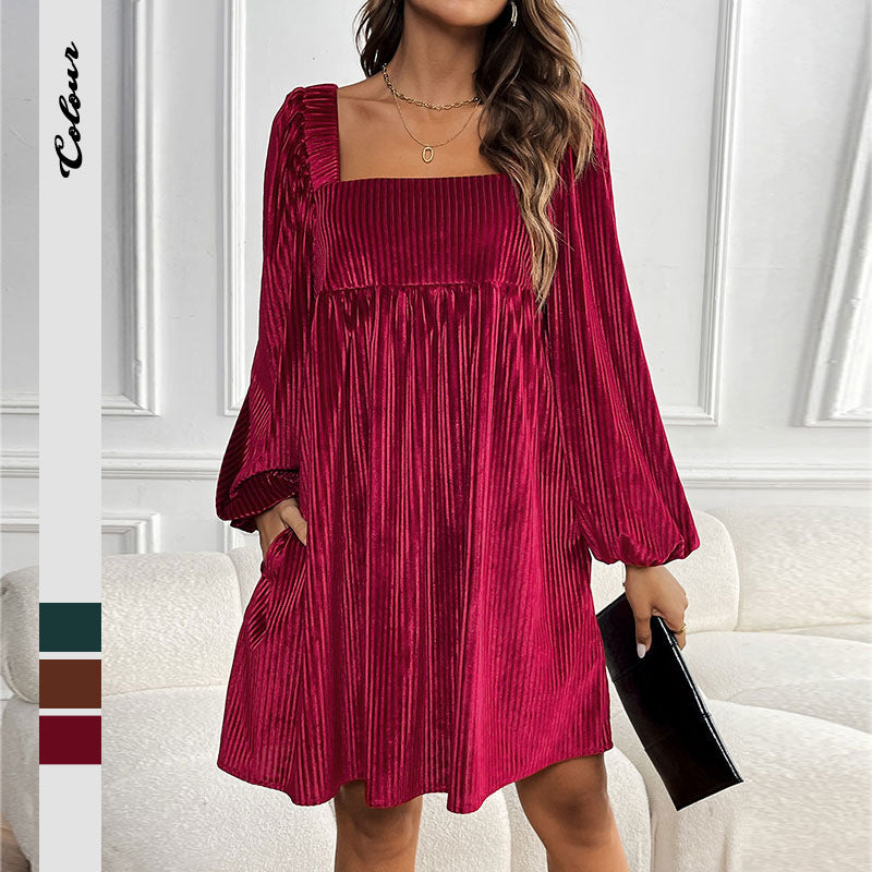 Pleated Velvet Mini Dress with Square Neck and Puff Sleeves