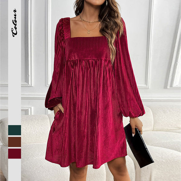 Pleated Velvet Mini Dress with Square Neck and Puff Sleeves