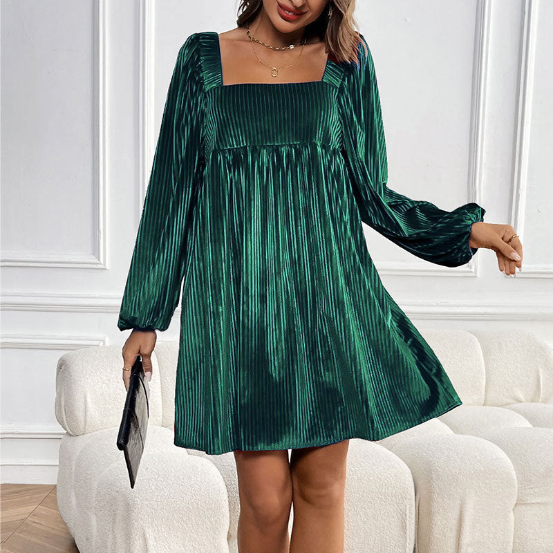Pleated Velvet Mini Dress with Square Neck and Puff Sleeves